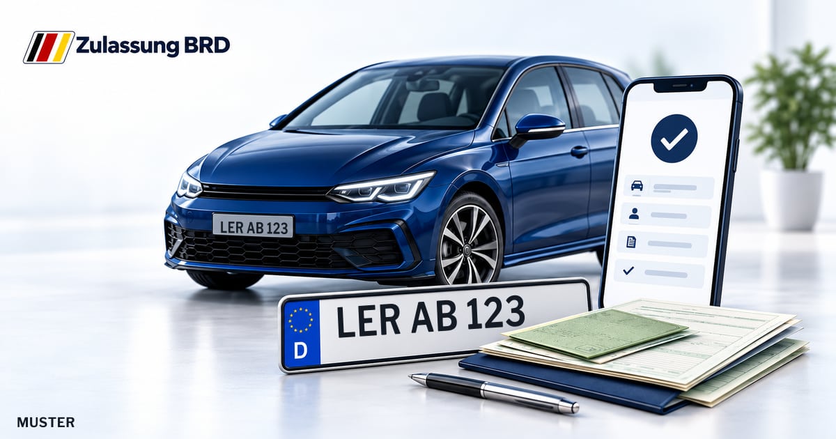 Online Fahrzeugzulassung in Landkreis Leer: Musterkennzeichen LER AB 123, Auto und Fahrzeugpapiere und Smartphone. Illustration mit Logo von Zulassung BRD.